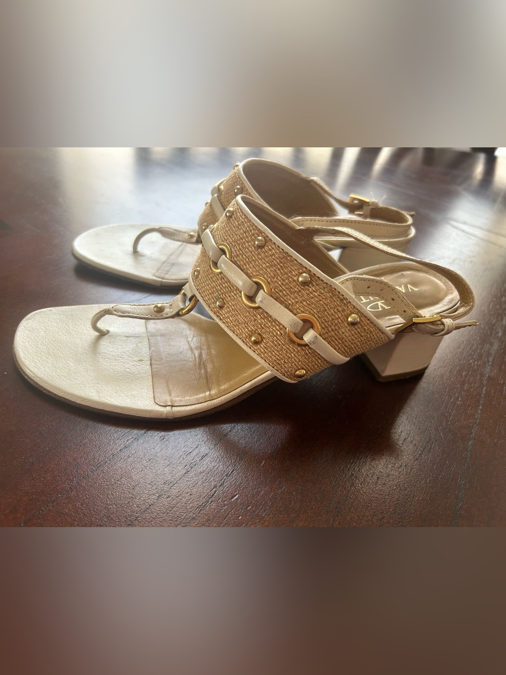 Valentino Garavani Beige and Cream Woven Strap Low Block Heel Sandals size 7.5